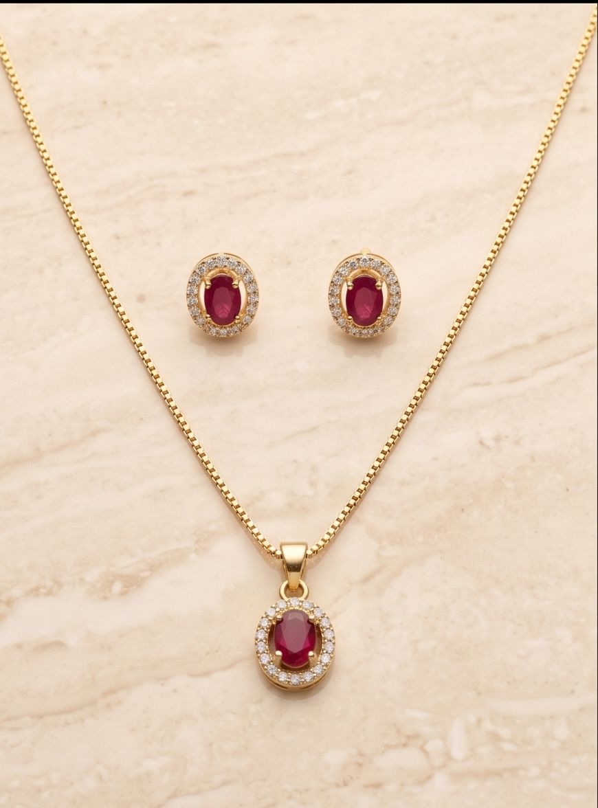 Gold-Plated Oval Ruby & American Diamond Halo Pendant Necklace Set with Stud Earrings