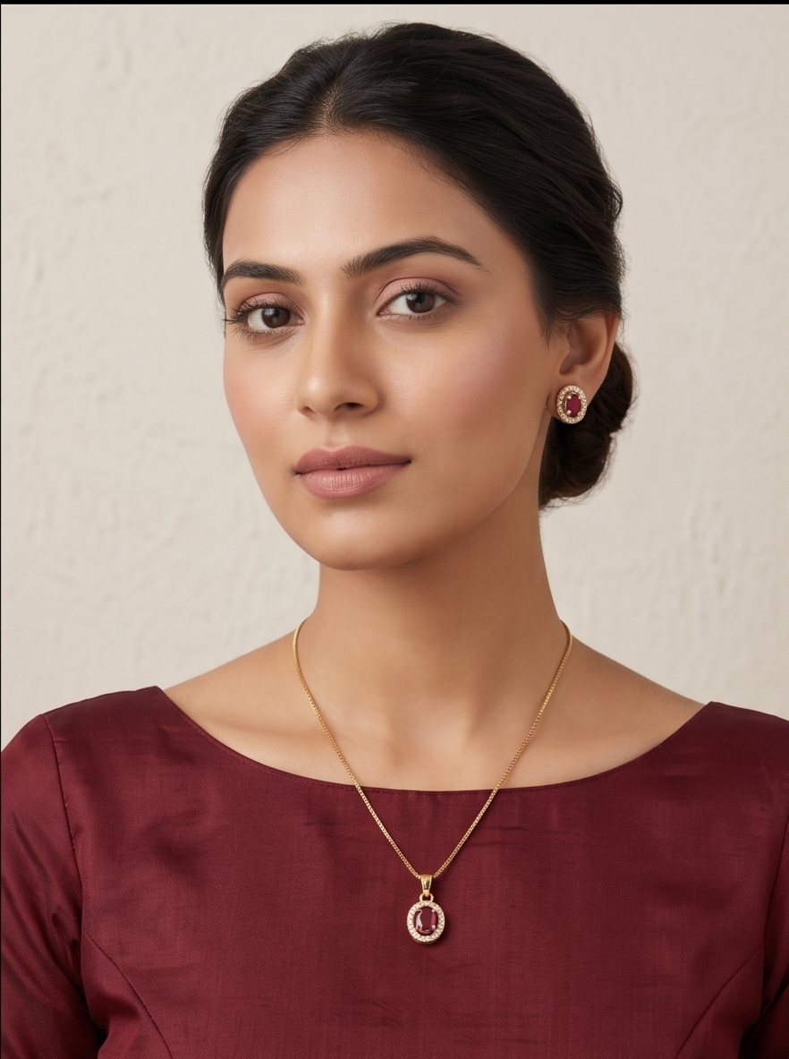 Gold-Plated Oval Ruby & American Diamond Halo Pendant Necklace Set with Stud Earrings