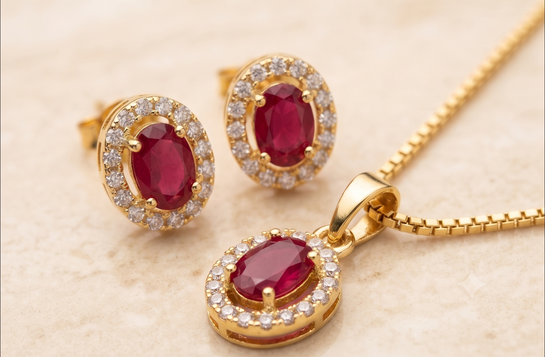 Gold-Plated Oval Ruby & American Diamond Halo Pendant Necklace Set with Stud Earrings