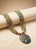 Bohemian Multi-Color Seed Bead Necklace with Antique Mosaic Oval Pendant