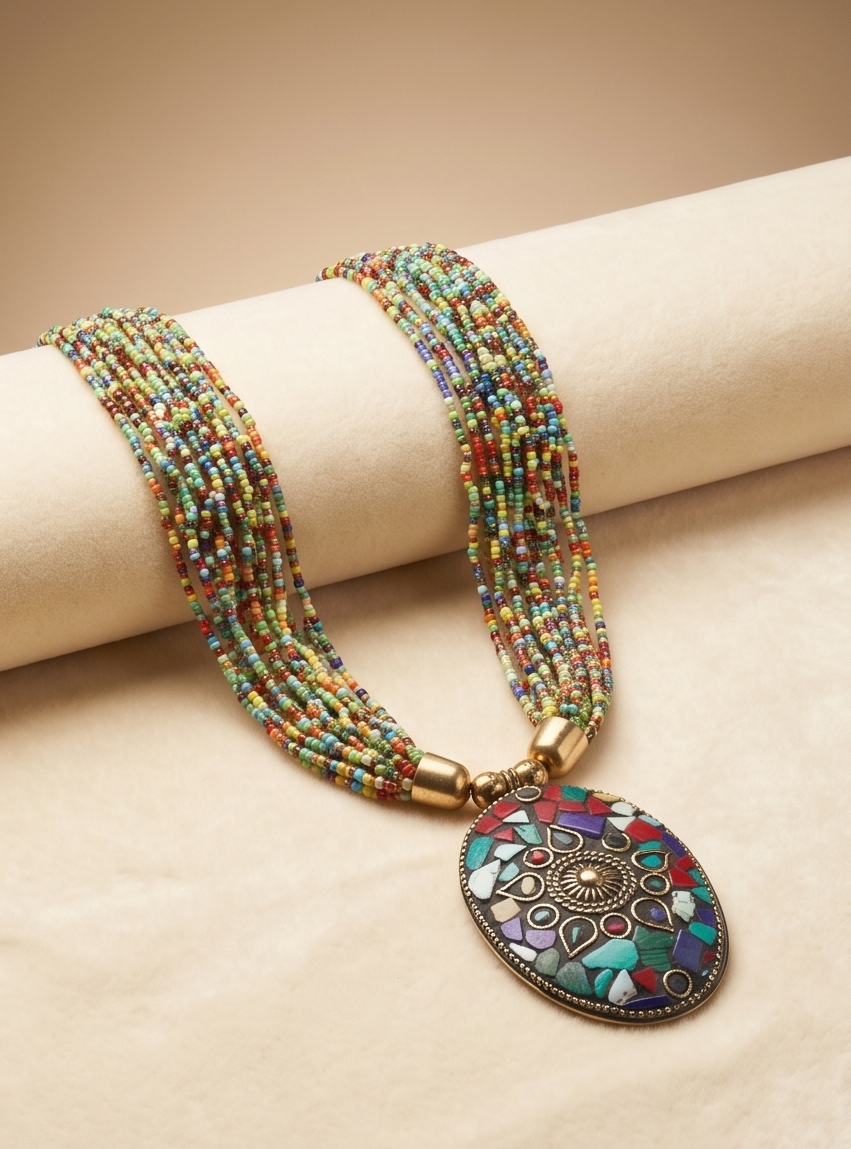 Bohemian Multi-Color Seed Bead Necklace with Antique Mosaic Oval Pendant