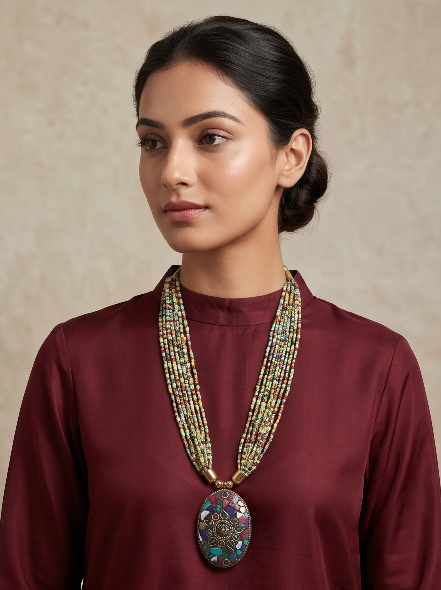 Bohemian Multi-Color Seed Bead Necklace with Antique Mosaic Oval Pendant
