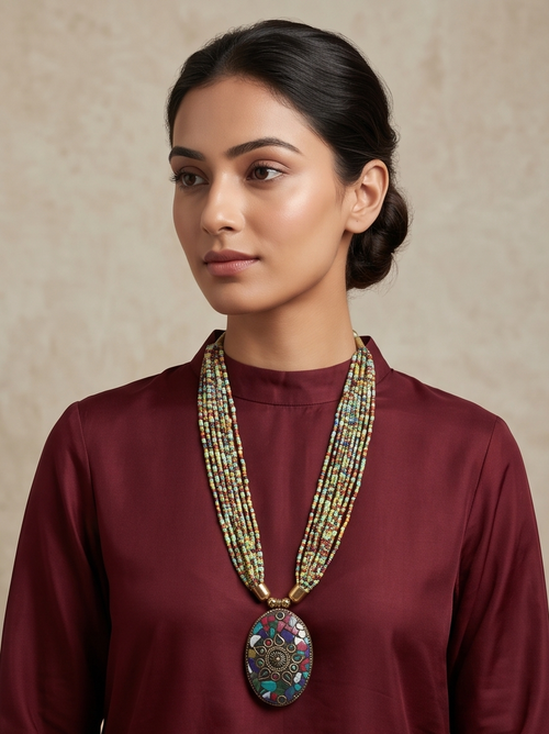 Bohemian Multi-Color Seed Bead Necklace with Antique Mosaic Oval Pendant