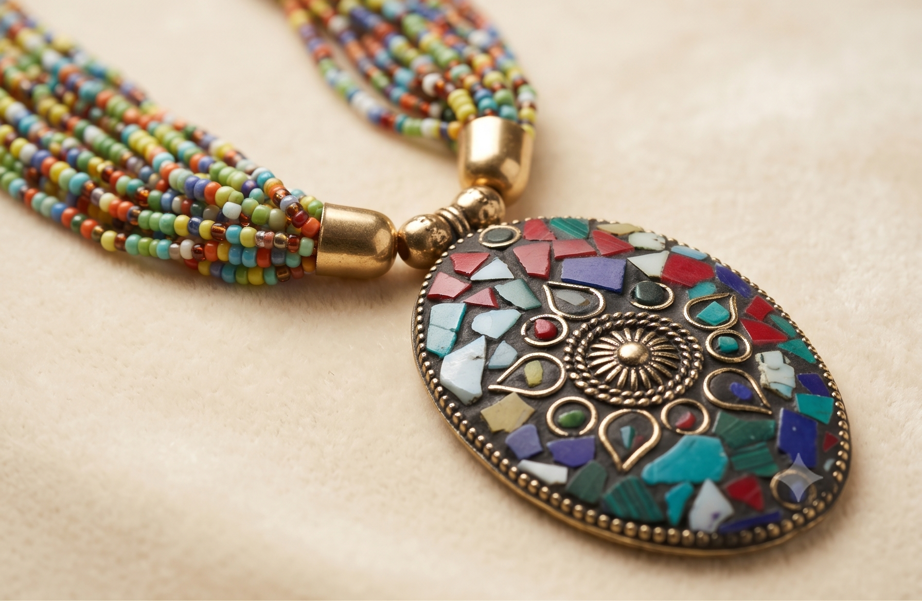 Bohemian Multi-Color Seed Bead Necklace with Antique Mosaic Oval Pendant