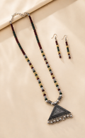 Silver Replica Dual-Tone Triangular Tribal Pendant Necklace Set with Maroon & Green Beads