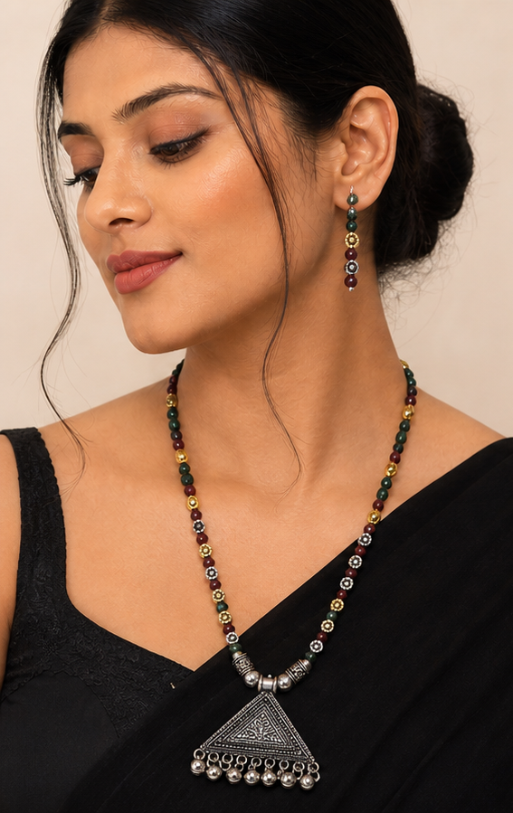 Silver Replica Dual-Tone Triangular Tribal Pendant Necklace Set with Maroon & Green Beads