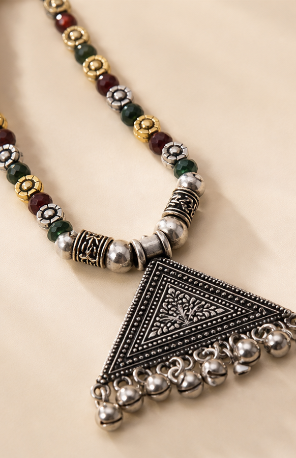 Silver Replica Dual-Tone Triangular Tribal Pendant Necklace Set with Maroon & Green Beads