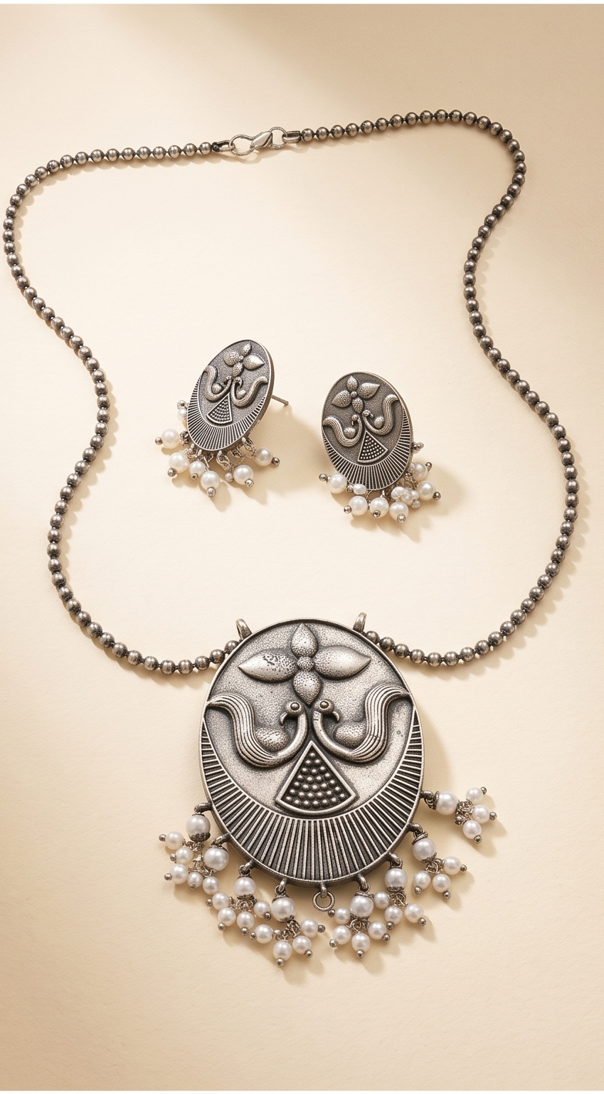 Hangsini (হংসিনী) | Silver Replica Engraved Swan Medallion & Pearl Cluster Bead Mala Set