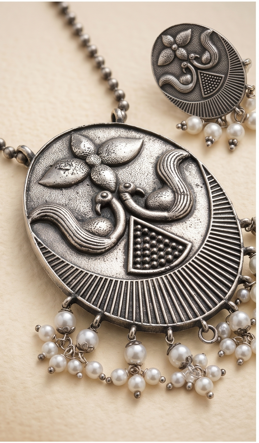 Hangsini (হংসিনী) | Silver Replica Engraved Swan Medallion & Pearl Cluster Bead Mala Set