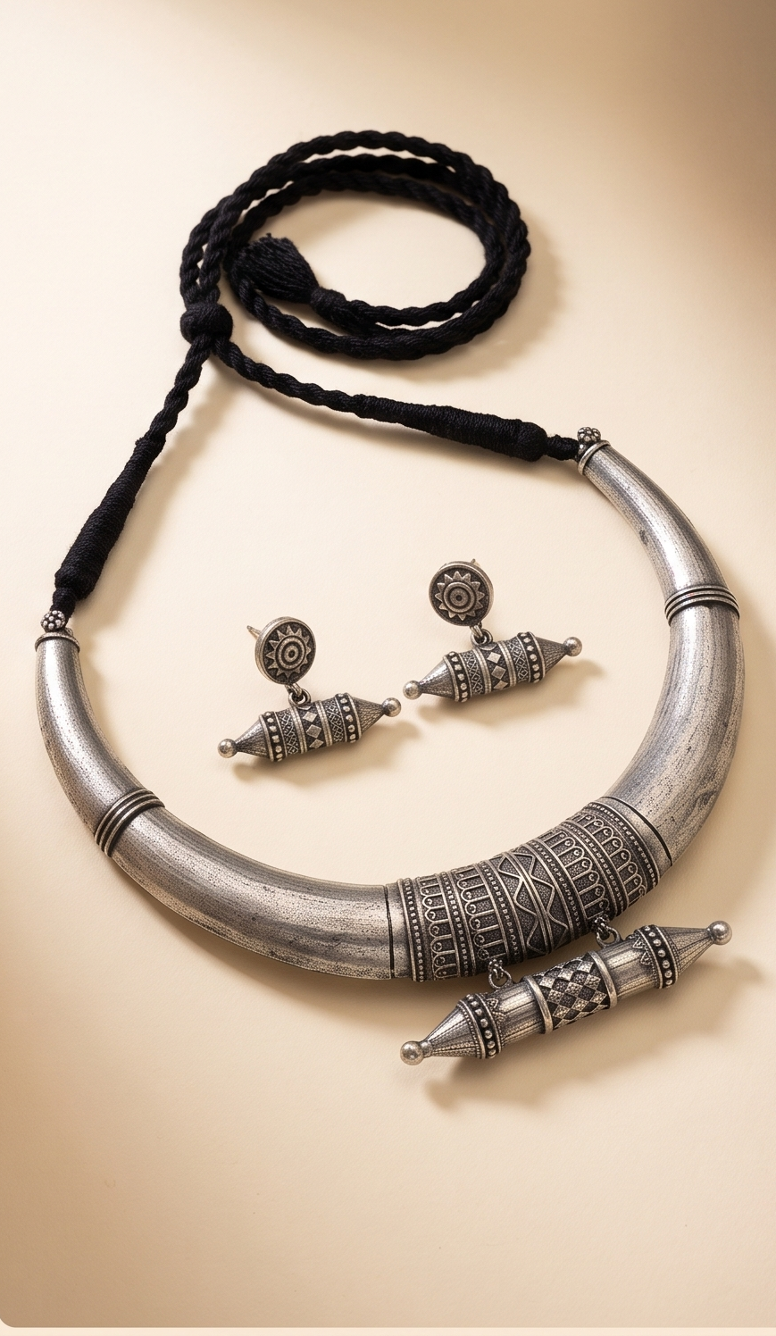 Kabachika | Silver Replica Tribal Hasli Collar & Suspended Tabeez Amulet Set