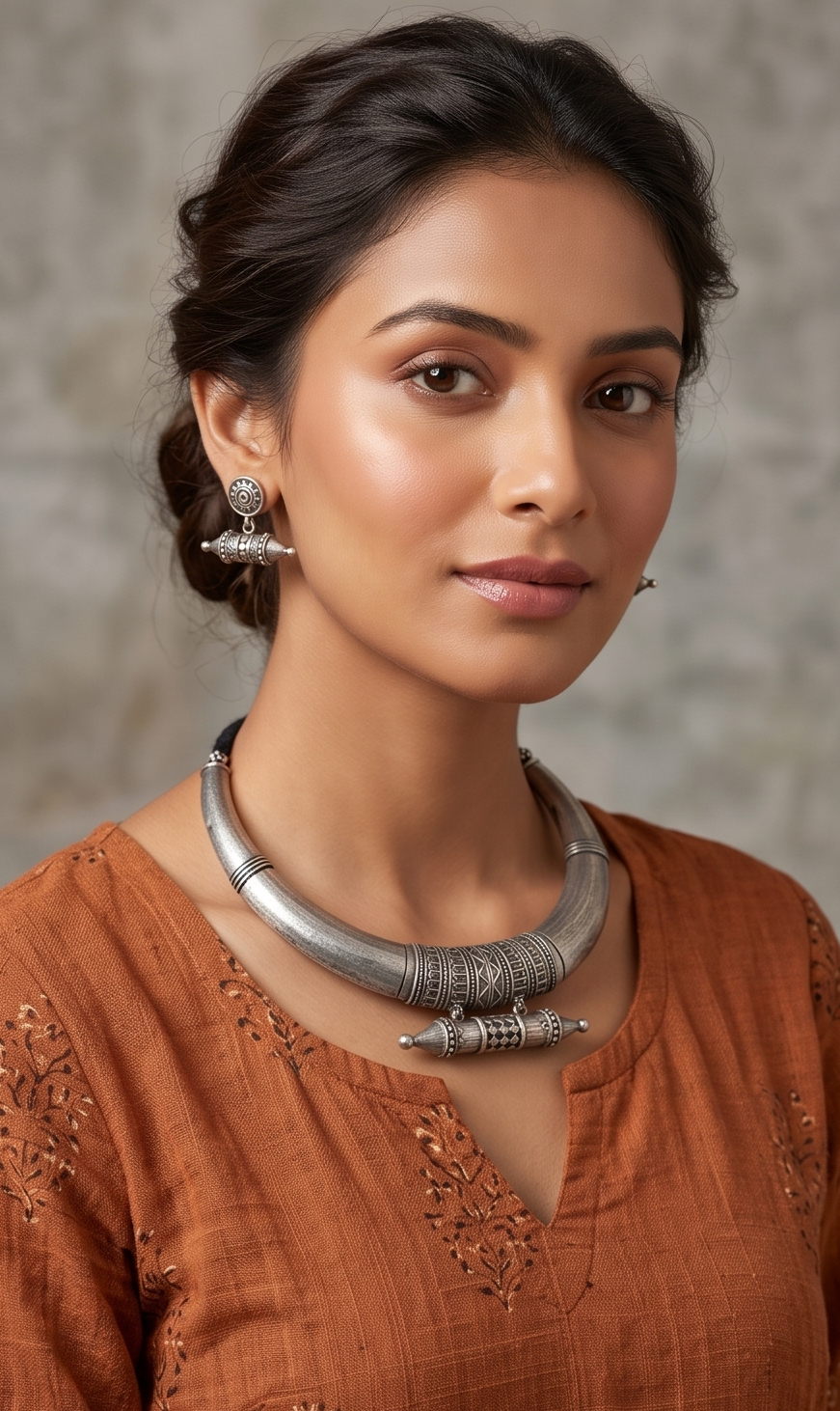 Kabachika | Silver Replica Tribal Hasli Collar & Suspended Tabeez Amulet Set