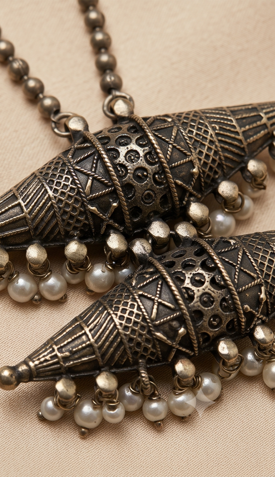 Bonolipi (বনলিপি) | Silver Replica Tiered Weaver Shuttle Spindle Pendant & Bead Mala