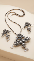 Potro-Lekha | Silver Replica Bird Crest Cylindrical Scroll Pendant & Bead Mala Set
