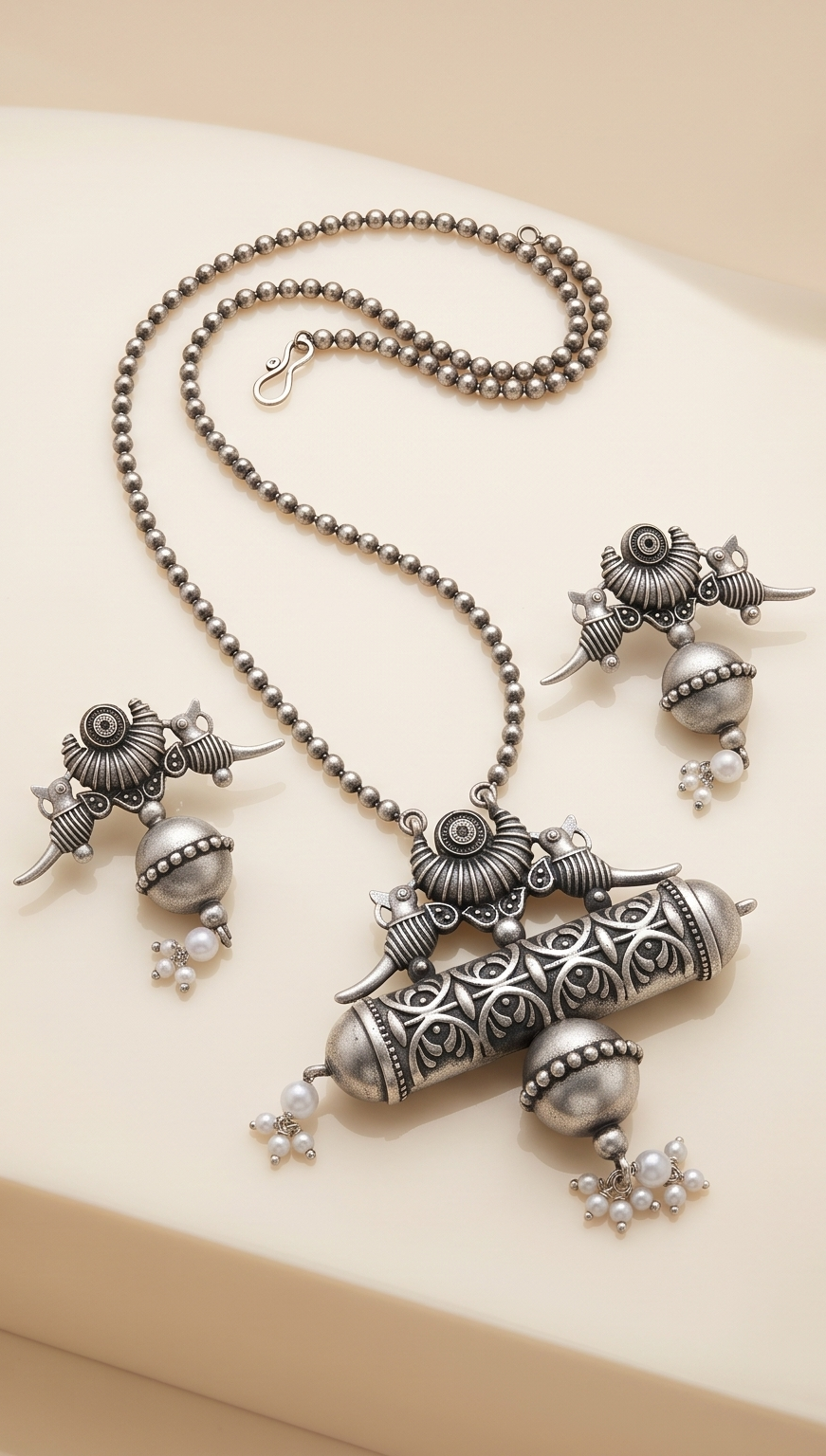 Potro-Lekha | Silver Replica Bird Crest Cylindrical Scroll Pendant & Bead Mala Set