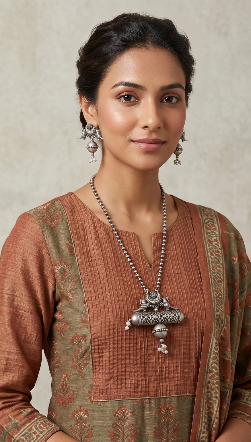 Potro-Lekha | Silver Replica Bird Crest Cylindrical Scroll Pendant & Bead Mala Set