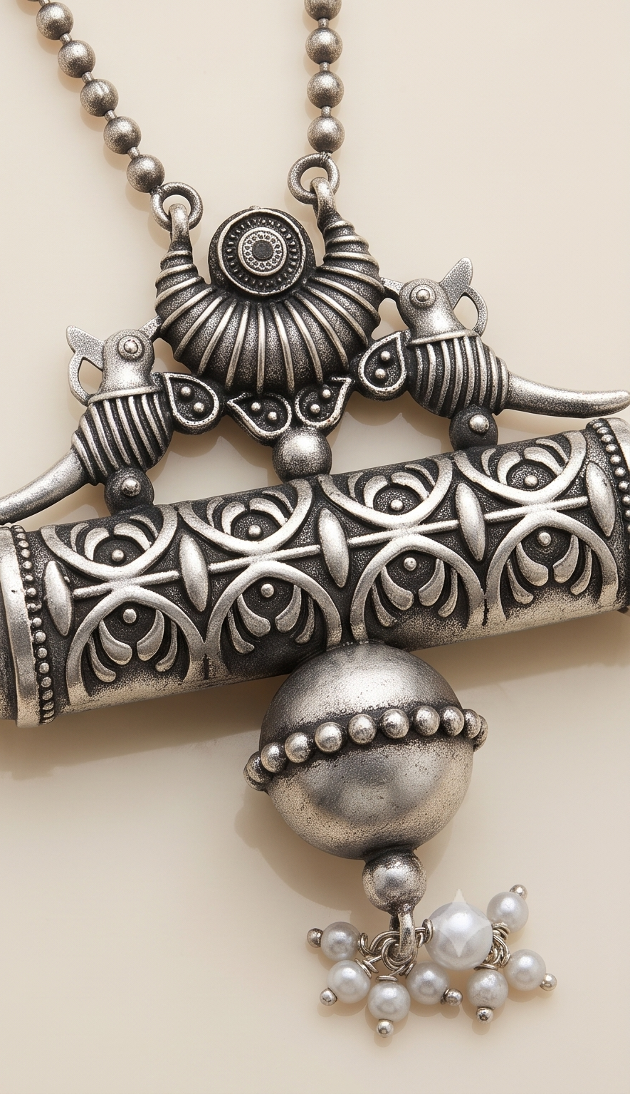 Potro-Lekha | Silver Replica Bird Crest Cylindrical Scroll Pendant & Bead Mala Set