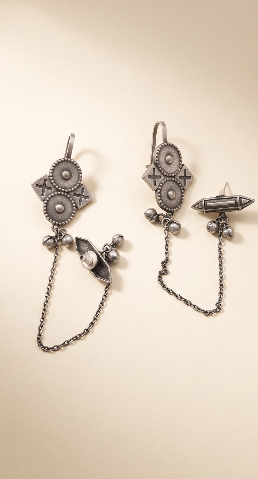 Shordharani | Silver Replica Tribal Arrow Stud & Shield Medallion Ear Chain Set