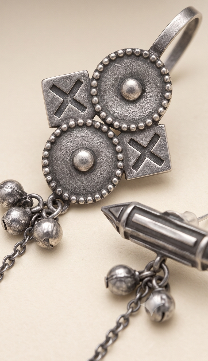 Shordharani | Silver Replica Tribal Arrow Stud & Shield Medallion Ear Chain Set