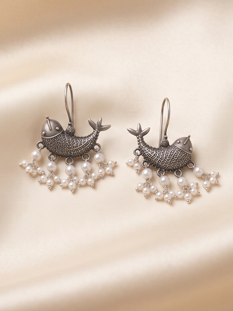 Meenakshi (মীনাক্ষী) | Silver Replica Folk Fish Motif & Seed Pearl Cluster Drop Earrings