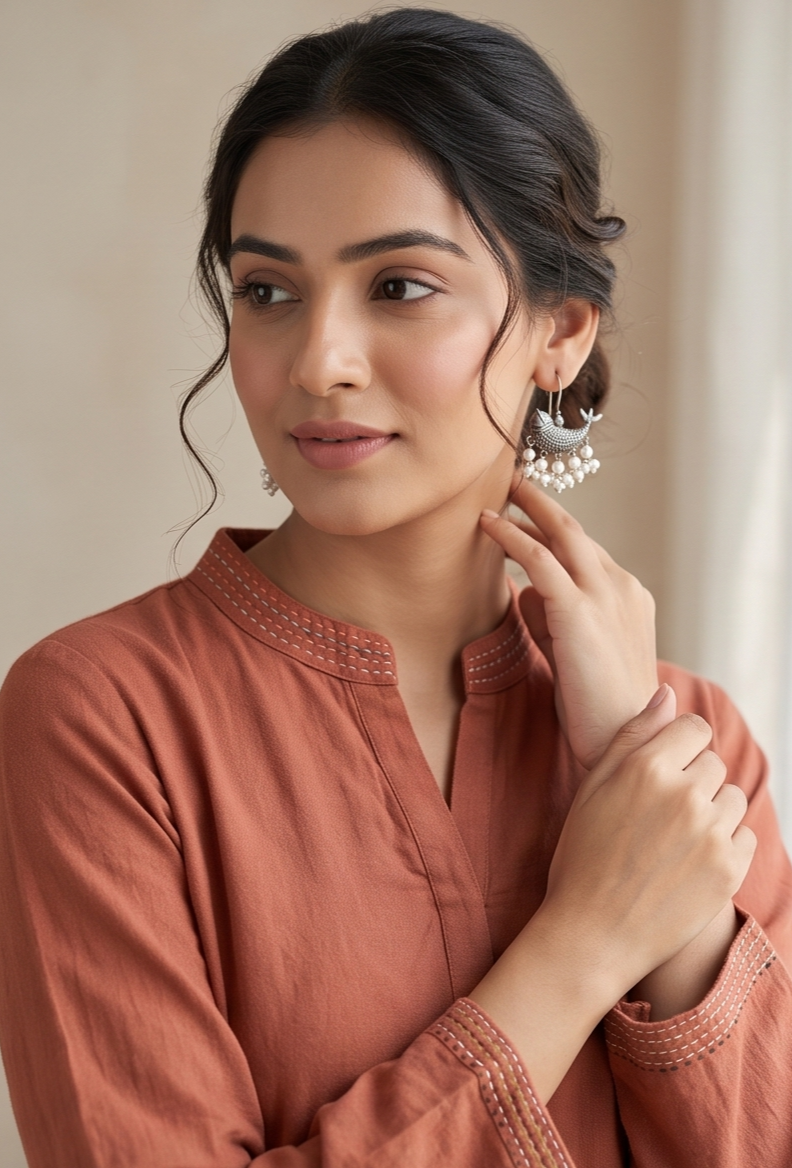 Meenakshi (মীনাক্ষী) | Silver Replica Folk Fish Motif & Seed Pearl Cluster Drop Earrings