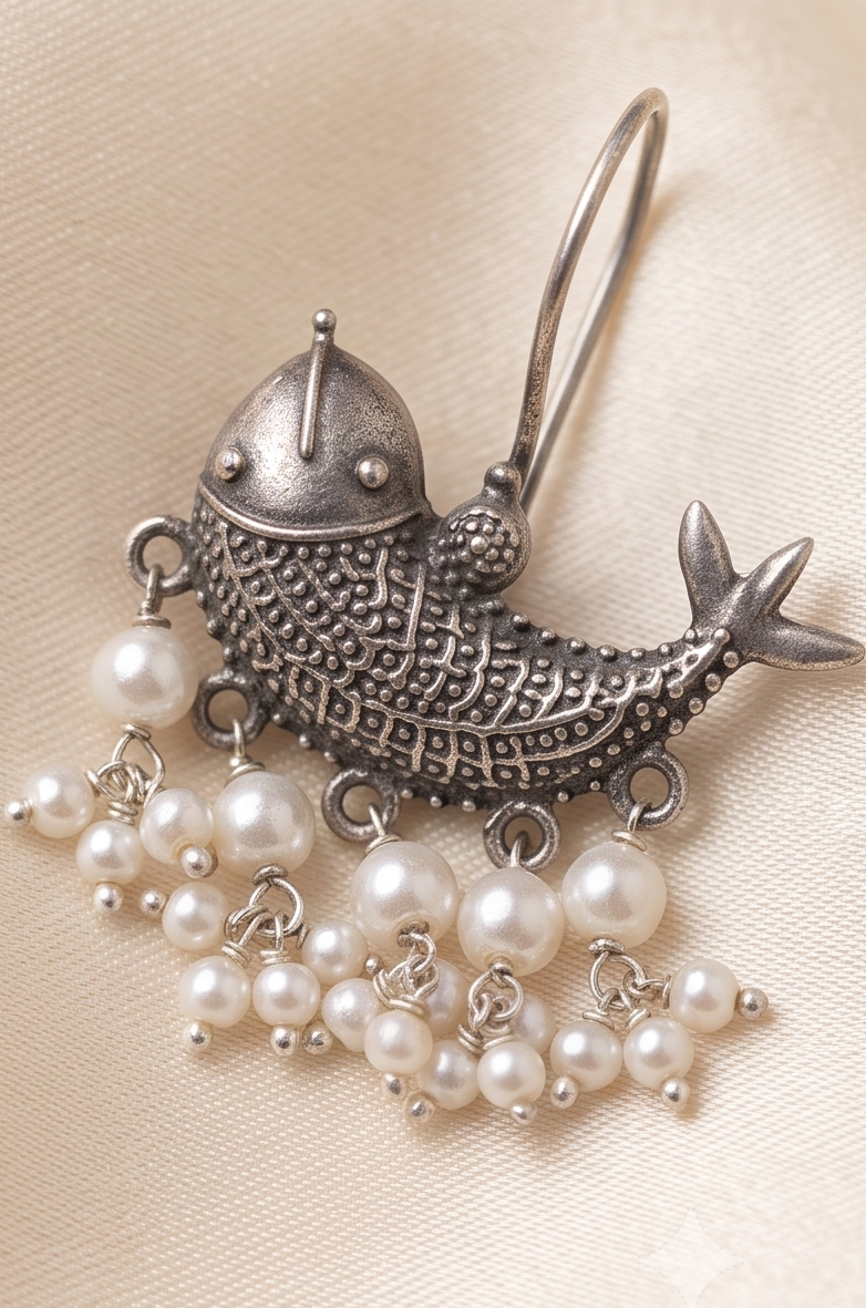 Meenakshi (মীনাক্ষী) | Silver Replica Folk Fish Motif & Seed Pearl Cluster Drop Earrings