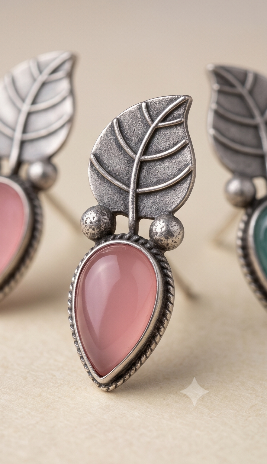 Porno-Koli | Silver Replica Botanical Leaf & Teardrop Cabochon Stud Earrings