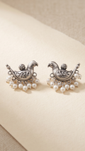 Roop-Pankhi | Silver Replica Folk Bird Motif & Seed Pearl Fringe Stud Earrings
