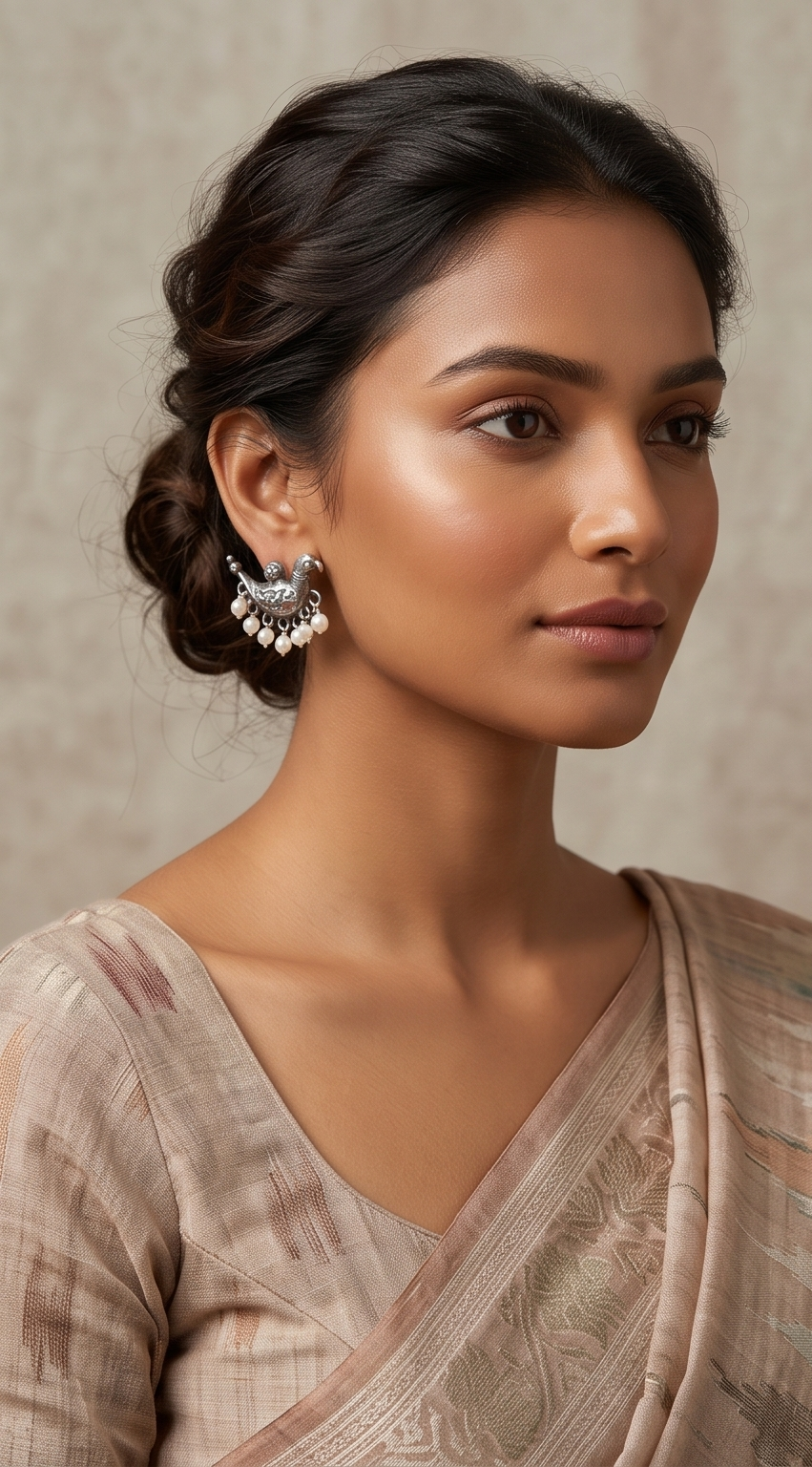 Roop-Pankhi | Silver Replica Folk Bird Motif & Seed Pearl Fringe Stud Earrings