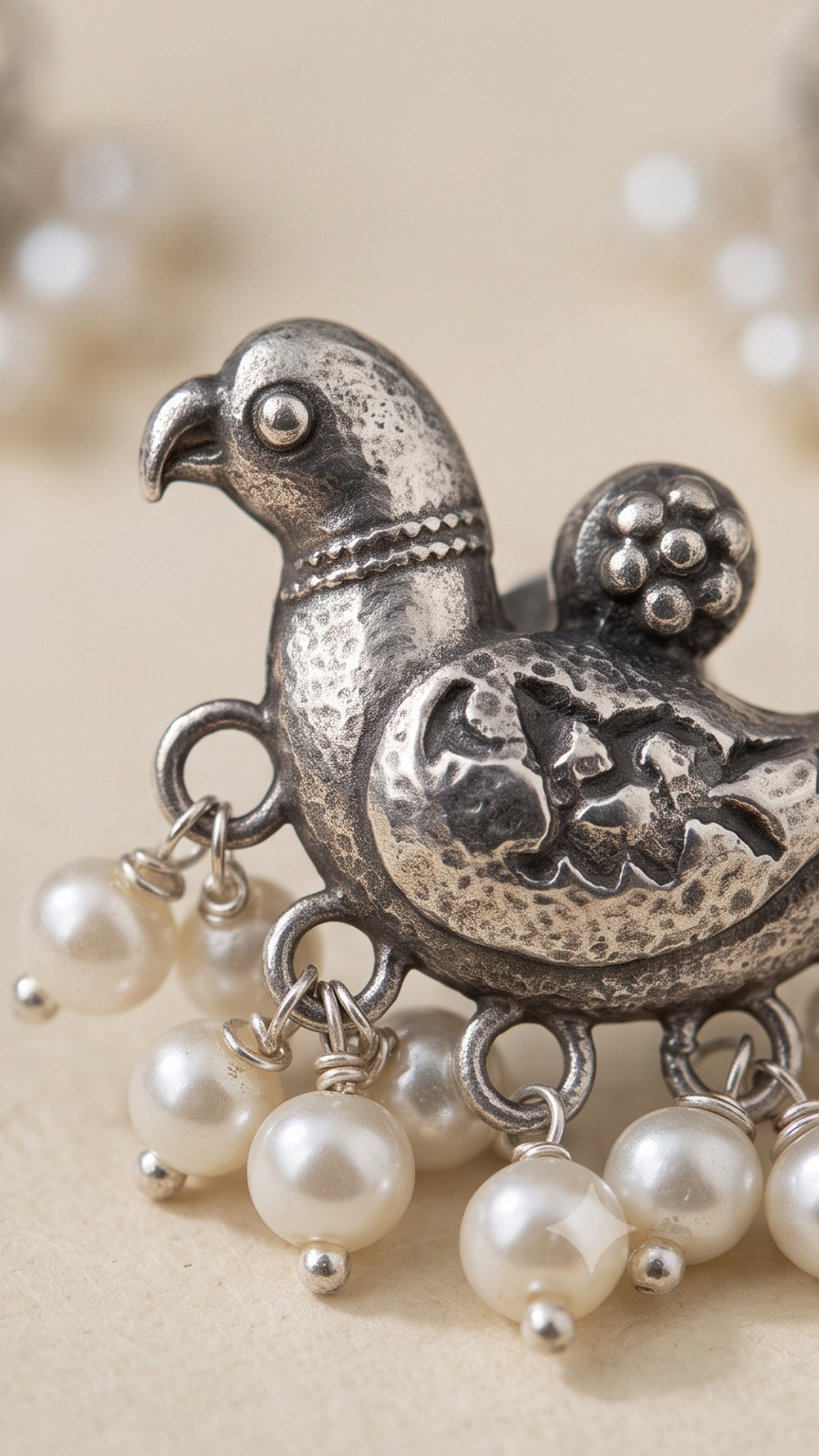 Roop-Pankhi | Silver Replica Folk Bird Motif & Seed Pearl Fringe Stud Earrings
