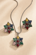 Silver Replica Multicolor Stone Pendant Necklace and Earrings Set