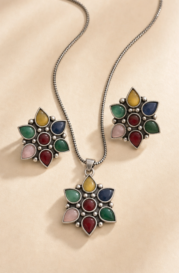 Silver Replica Multicolor Stone Pendant Necklace and Earrings Set