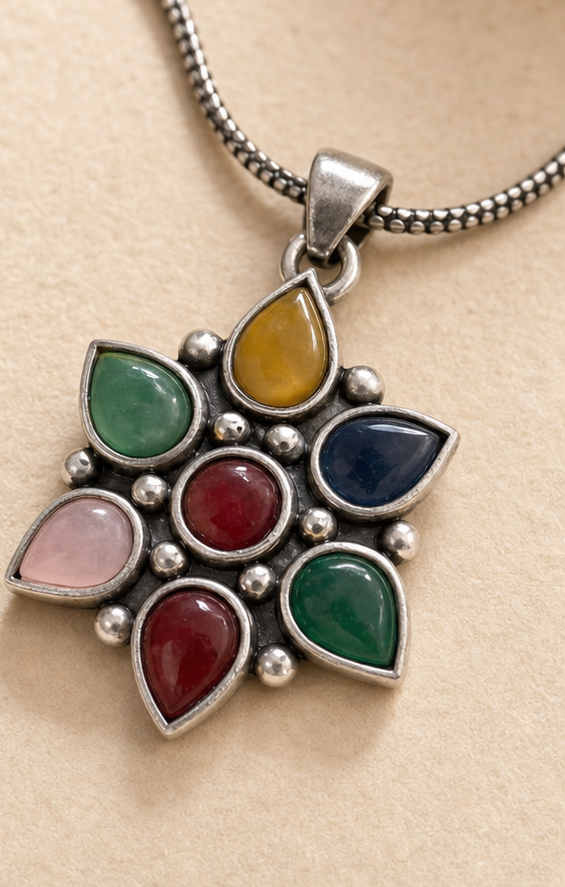 Silver Replica Multicolor Stone Pendant Necklace and Earrings Set