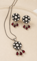 Silver Replica Pearl & Ruby-Red Drop Pendant Necklace and Earrings Set