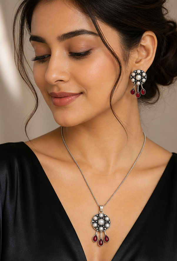 Silver Replica Pearl & Ruby-Red Drop Pendant Necklace and Earrings Set