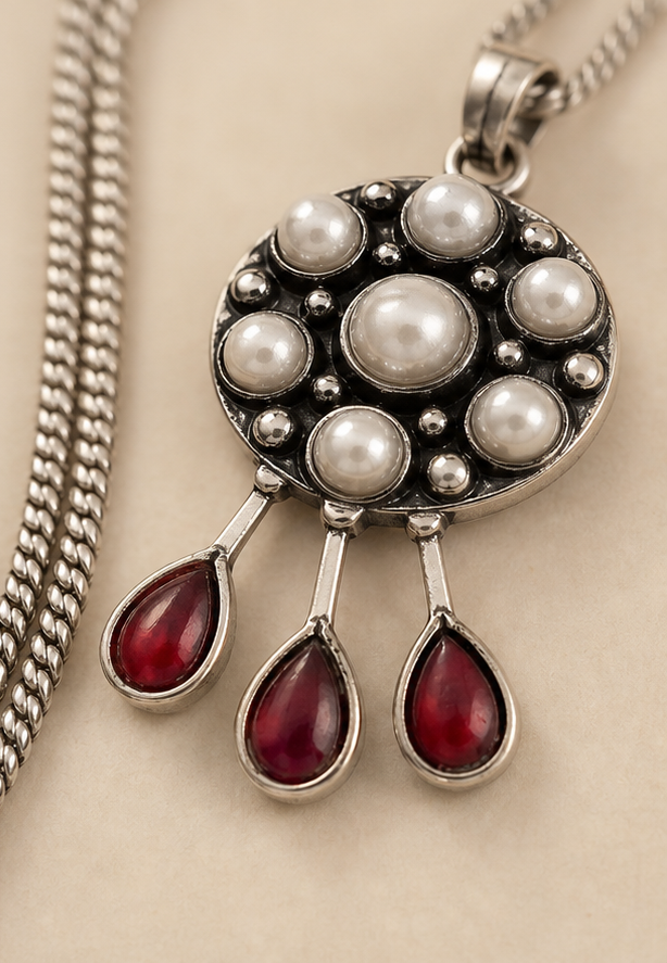 Silver Replica Pearl & Ruby-Red Drop Pendant Necklace and Earrings Set