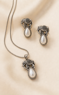 Silver Replica Elephant Motif & Teardrop Pearl Pendant Necklace and Earrings Set
