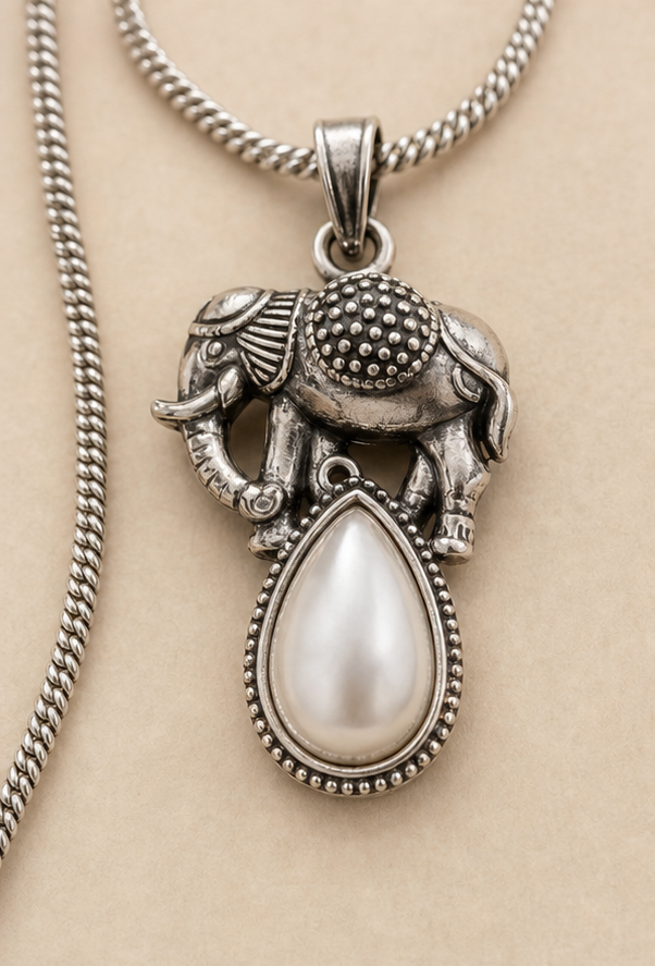 Silver Replica Elephant Motif & Teardrop Pearl Pendant Necklace and Earrings Set