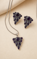 Silver Replica Navy Blue Cluster Stone Pendant Necklace and Earrings Set