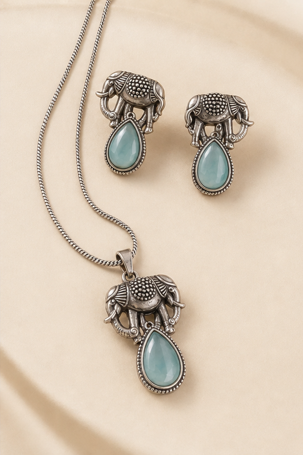 Silver Replica Elephant Motif & Sea-Green Teardrop Stone Pendant Necklace and Earrings Set