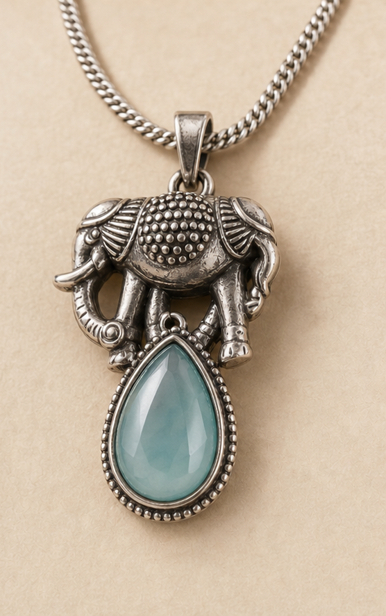 Silver Replica Elephant Motif & Sea-Green Teardrop Stone Pendant Necklace and Earrings Set