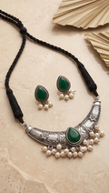 Tamalika (তমালিকা) | Silver Replica Floral Hasli Choker & Green Cabochon Stud Set