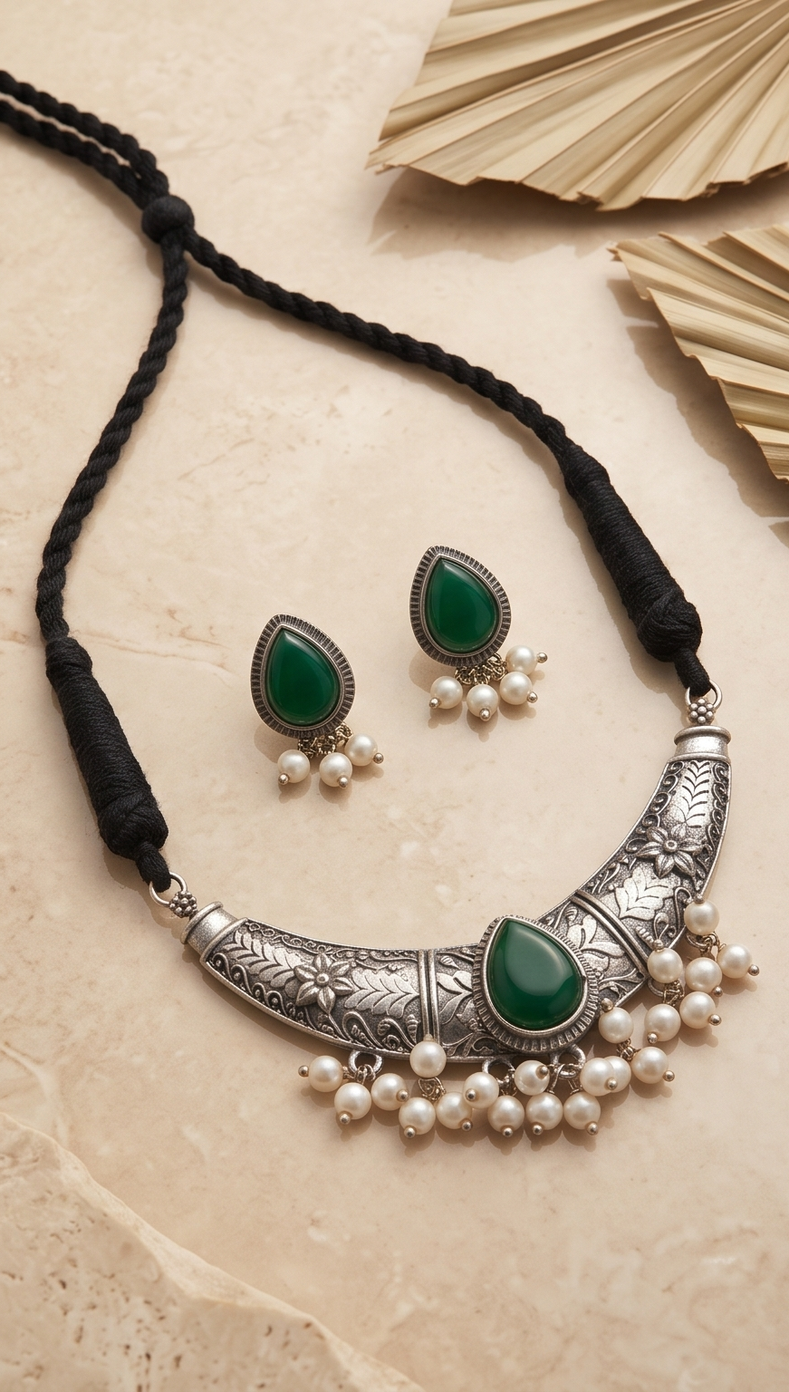 Tamalika (তমালিকা) | Silver Replica Floral Hasli Choker & Green Cabochon Stud Set