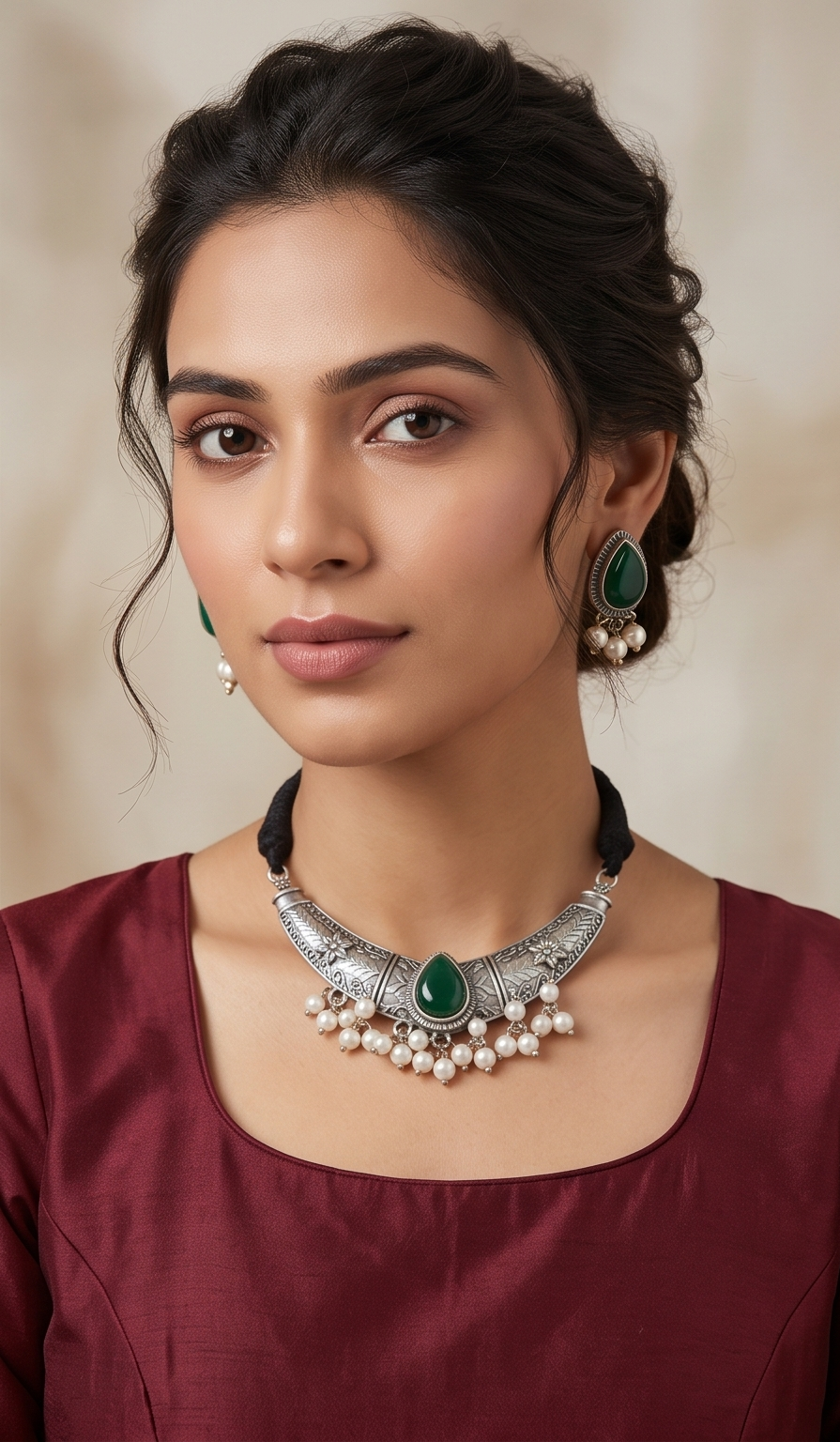 Tamalika (তমালিকা) | Silver Replica Floral Hasli Choker & Green Cabochon Stud Set