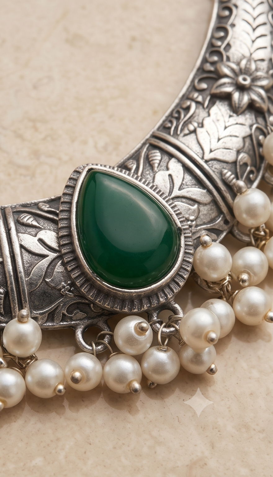 Tamalika (তমালিকা) | Silver Replica Floral Hasli Choker & Green Cabochon Stud Set