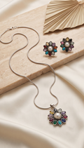 Noborongo (নবরঙ্গ) | Silver Replica Multi-Gemstone Rosette & Pearl Pendant Set