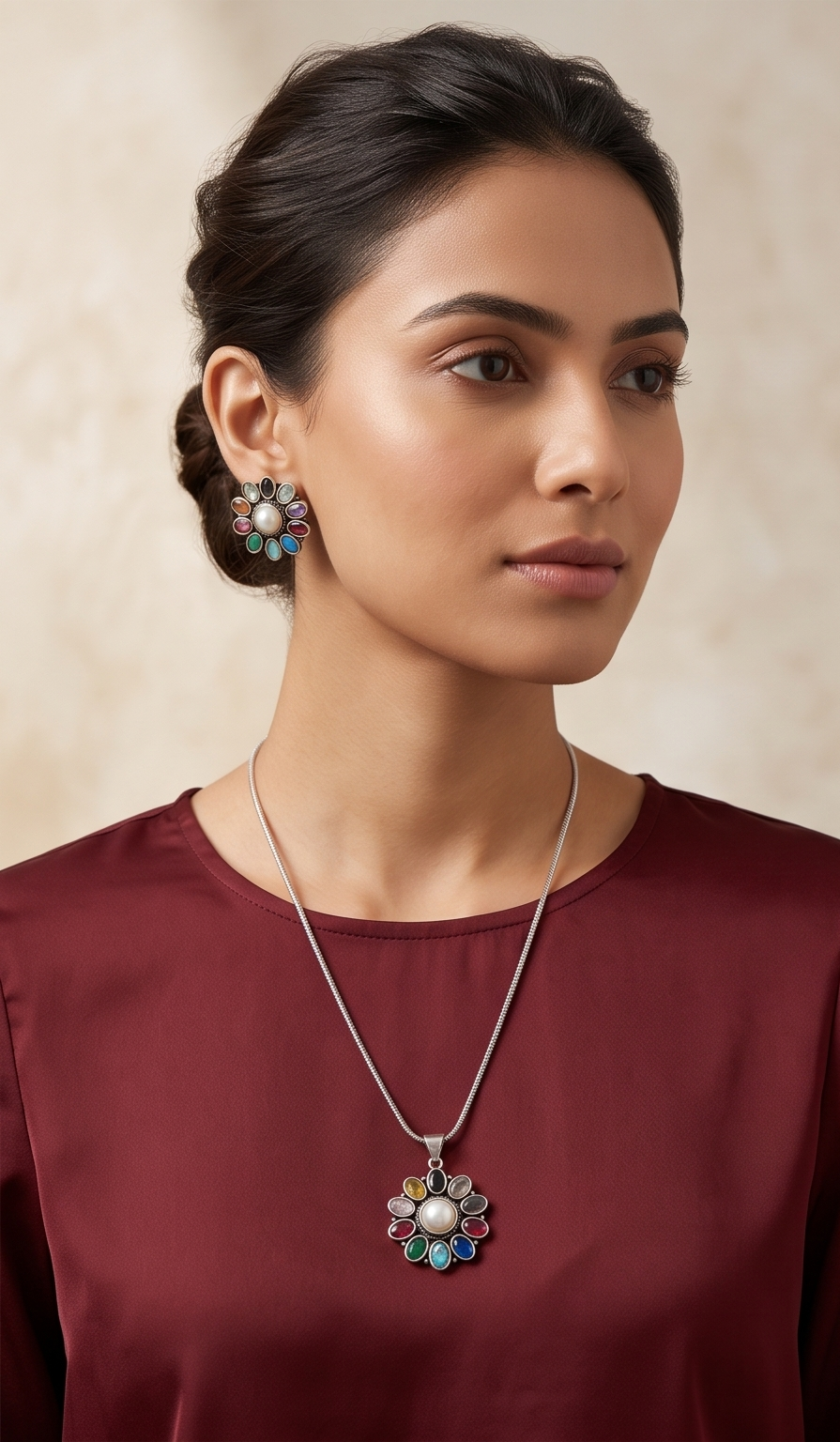 Noborongo (নবরঙ্গ) | Silver Replica Multi-Gemstone Rosette & Pearl Pendant Set