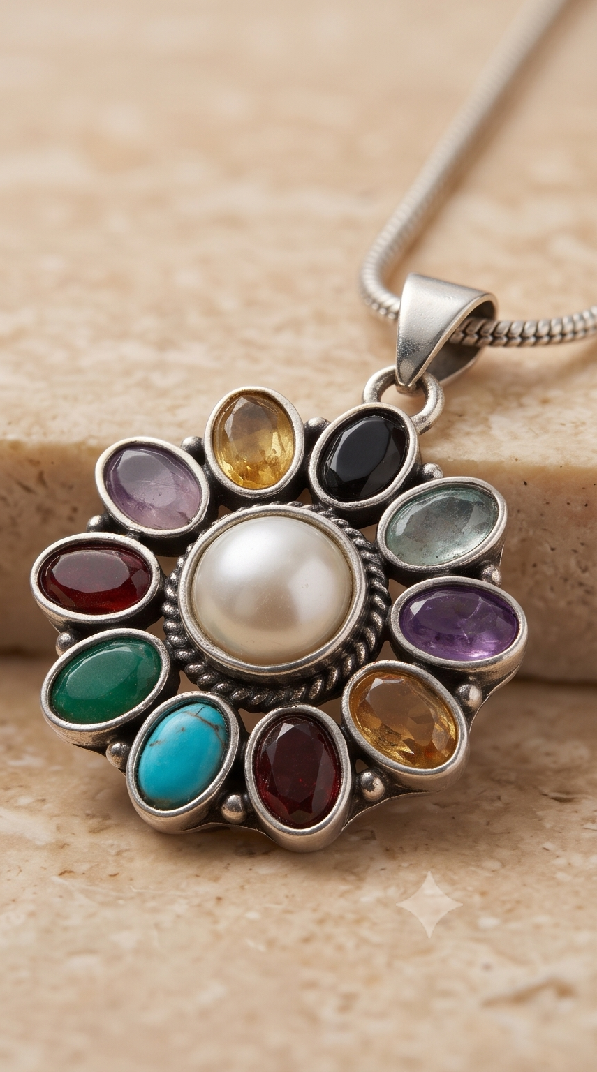 Noborongo (নবরঙ্গ) | Silver Replica Multi-Gemstone Rosette & Pearl Pendant Set