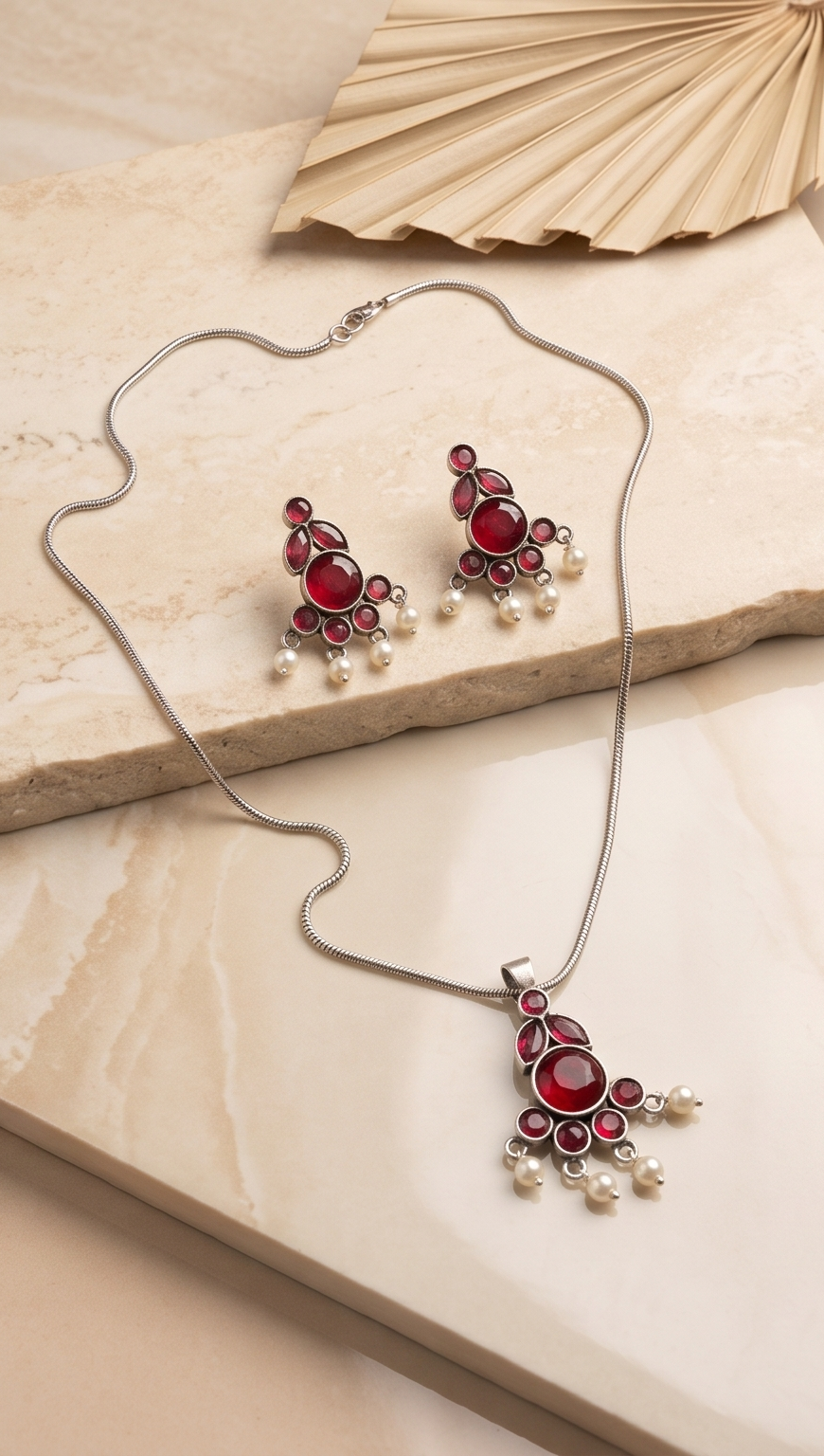 Manjari (মঞ্জরী) | Silver Replica Gemstone Cluster & Pearl Fringe Pendant Set