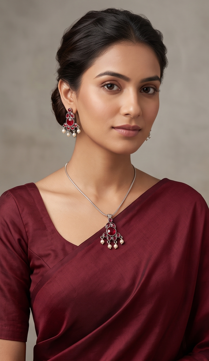 Manjari (মঞ্জরী) | Silver Replica Gemstone Cluster & Pearl Fringe Pendant Set