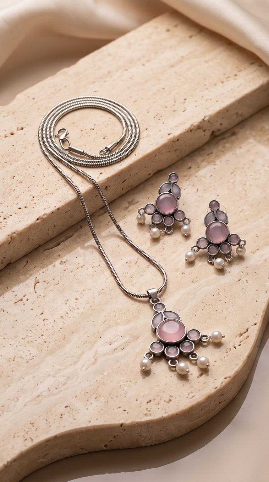 Manjari (মঞ্জরী) | Silver Replica Gemstone Cluster & Pearl Fringe Pendant Set
